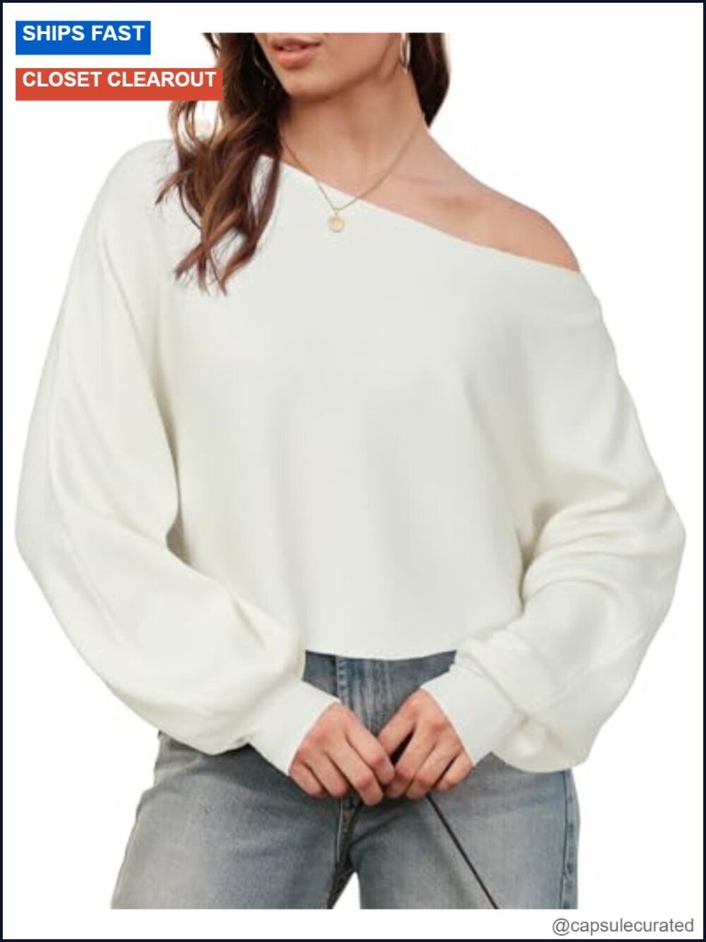 Wool Blend Cropped Long Sleeve Sweater Boat Neck Off Shoulder Casual Top